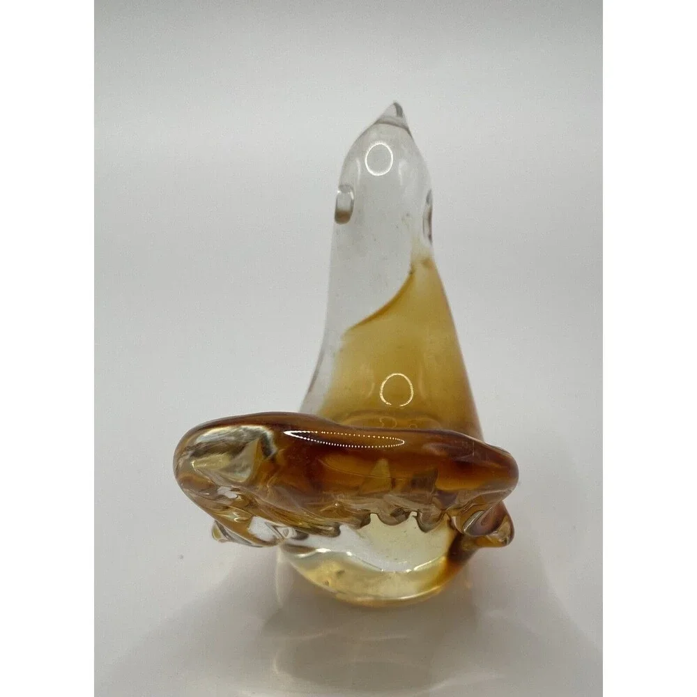 Vintage Blown Glass Art Amber Bird Paperweight 3”